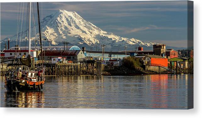 Mt. Mt Rainier Mountain Thea Foss Waterway Inlet Passage City Tacoma Industrial Piers Sailboat Boats Boating Maritime Puget Sound South Snow Evening Sun Sunny Warm Summer Canvas Print featuring the photograph MT Rainier Over Foss Waterway by Rob Green