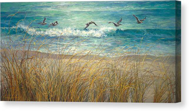 Pelican Canvas Print featuring the painting Pelican Line Up by Laurie Snow Hein
