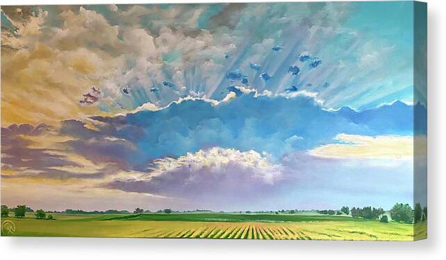Skyscape Canvas Print featuring the painting Skyals-Emerging Sun by Renee Noel