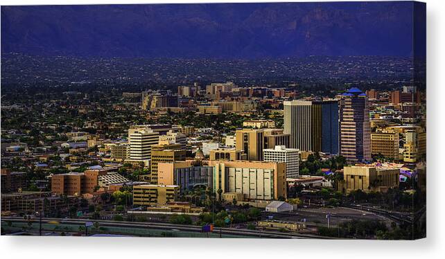 Built Structure Canvas Print featuring the photograph Tucson Arizona panoramic cityscape and Santa Catalina Mountains at sunset by Dszc