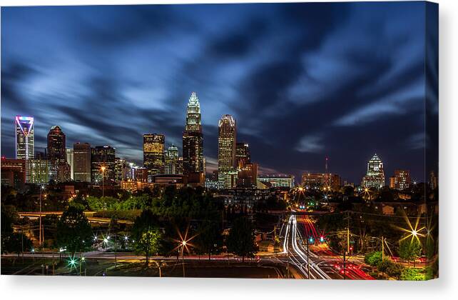 Charlotte Skyline Captured 04/13/12. Canvas Print featuring the photograph Busy Charlotte Night by Chris Austin