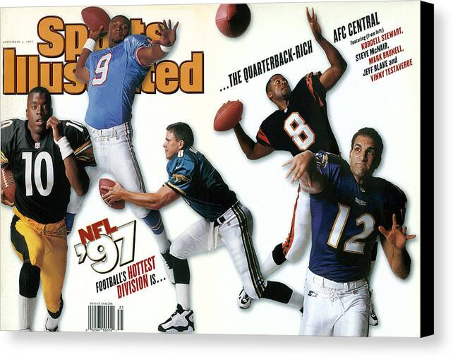 Season Canvas Print featuring the photograph Afc Central Quarterbacks, 1997 Nfl Football Preview Issue Sports Illustrated Cover by Sports Illustrated