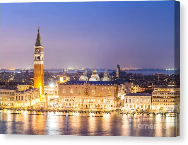 Venice Canvas Print featuring the photograph Aerial view of Venice illuminated at night - Italy by Matteo Colombo