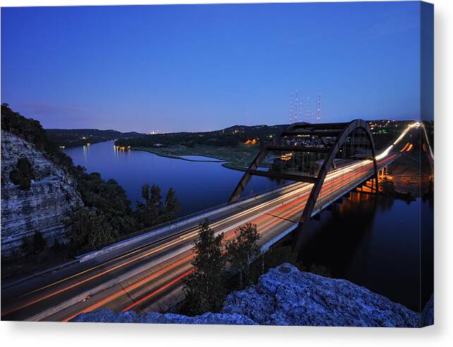 Pennybacker Bridge Canvas Print featuring the photograph Light Trails at Pennybacker Bridge by Kevin Pate
