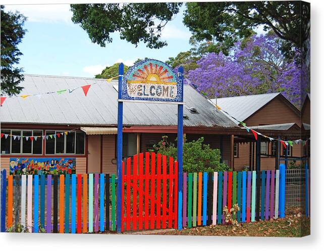 Australian Canvas Print featuring the photograph Rainbow Jacaranda Welcome by Ankya Klay