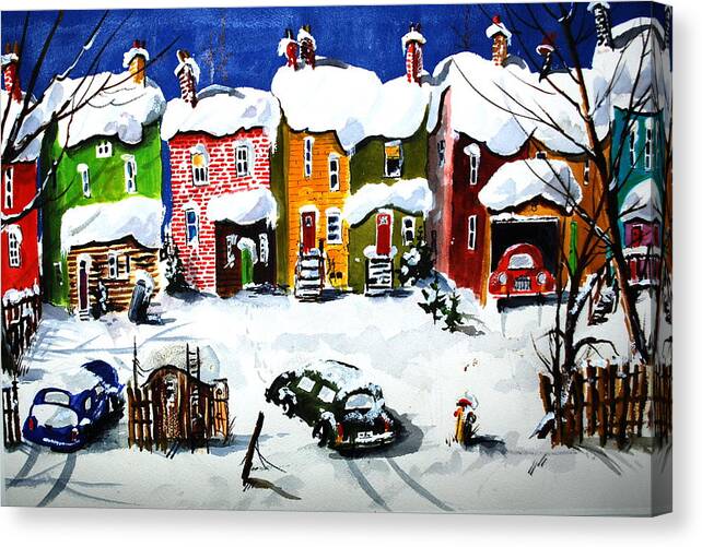 Houses Snow Row Houses Cityscapes Back Yards Canvas Print featuring the painting It Snowed Again Last Night by Wilfred McOstrich