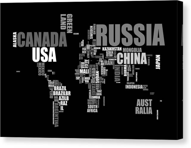 World Map Canvas Print featuring the digital art World Map in Words #3 by Michael Tompsett