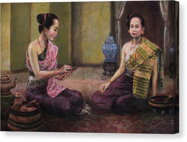 Lao Palace Women Canvas Print featuring the painting Etiquette by Sompaseuth Chounlamany