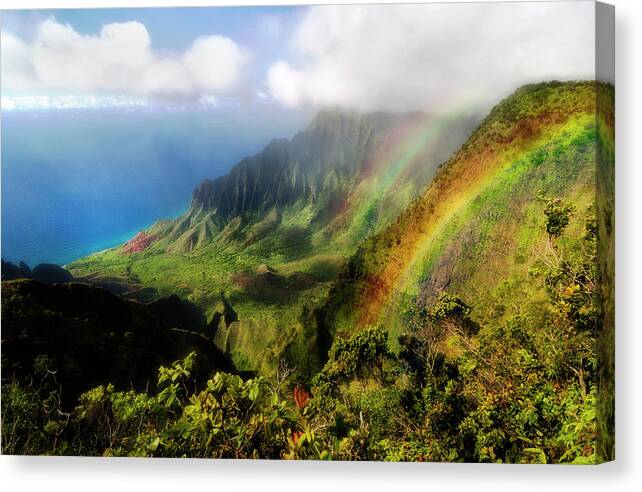 Lifeguard Canvas Print featuring the photograph Kalalau Valley Double Rainbows Kauai, Hawaii by Lawrence Knutsson