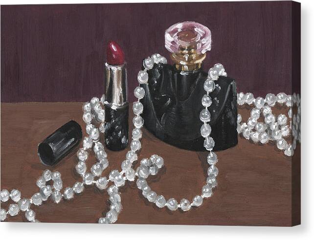 Perfume Canvas Print featuring the painting Red Lipstick with Perfume Bottle by Lucy Hayward