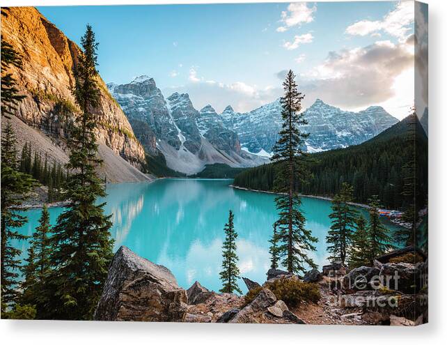 Lake Moraine Canvas Print featuring the photograph Lake Moraine sunset, Banff, Canada by Matteo Colombo
