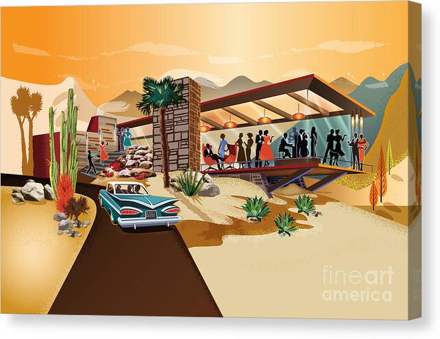 Mid Century Canvas Print featuring the digital art Mid Century Modern Desert Cliff House - PS by Diane Dempsey