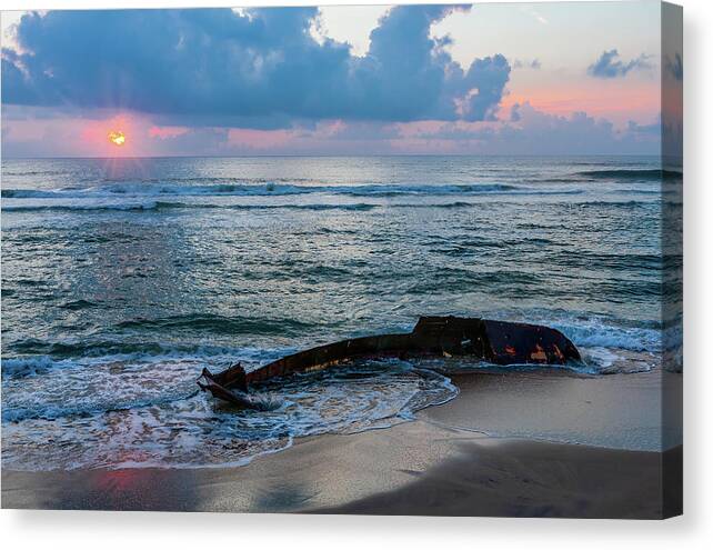 Beach Canvas Print featuring the photograph Outer Banks Shipwreck Returns to Sea 81 by Dan Carmichael