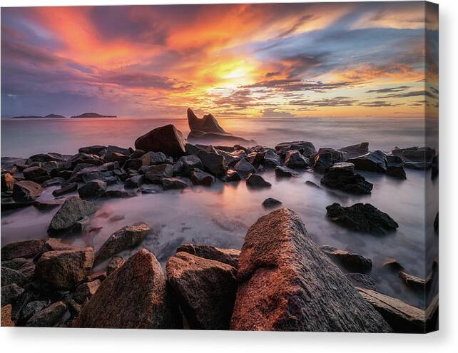 Rocks Canvas Print featuring the photograph Sunset beach by Erika Valkovicova