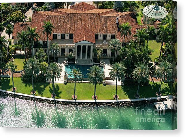 21 Star Island Canvas Print featuring the photograph Phillip Frost's House at 21 Star Island Dr Miami Beach Aerial by David Oppenheimer