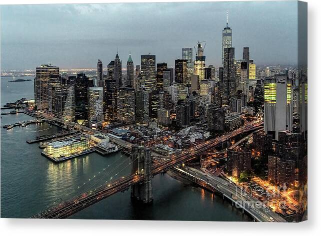  Canvas Print featuring the photograph The Brooklyn Bridge, Financial District, and The Battery Skyline by David Oppenheimer