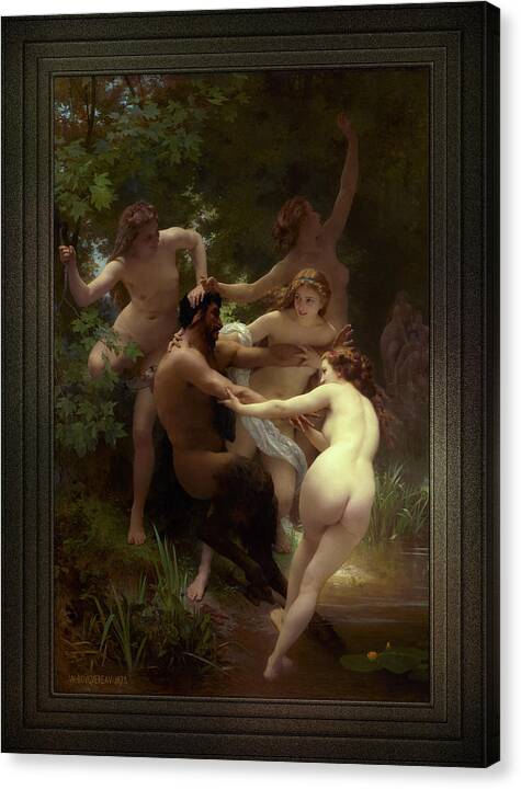 Nymphs And Satyr Canvas Print featuring the painting Nymphs and Satyr by William-Adolphe Bouguereau Fine Art Old Masters Reproduction by Rolando Burbon
