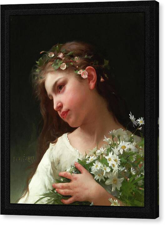 Girl With A Bouquet Of Daisies Canvas Print featuring the painting Girl with a Bouquet of Daisies by Jules Cyrille Cave by Rolando Burbon