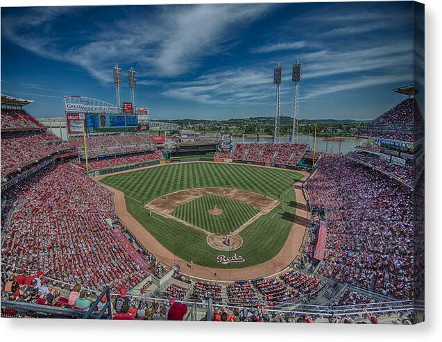 Cincinnati Reds Canvas Print featuring the photograph Cincinnati Red Great American Ballpark HDR by David Haskett II