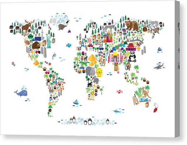 Map Of The World Canvas Print featuring the digital art Animal Map of the World for children and kids by Michael Tompsett