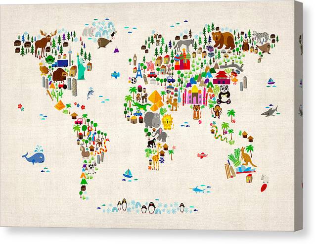 Map Of The World Canvas Print featuring the digital art Animal Map of the World for children and kids by Michael Tompsett