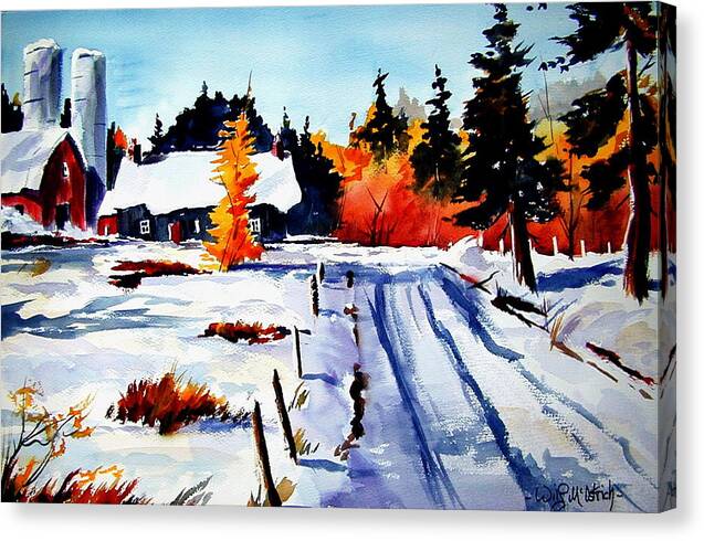 Landscape Canvas Print featuring the painting First Snow and Last of Fall by Wilfred McOstrich