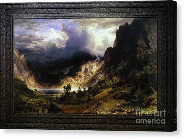 A Storm In The Rocky Mountains Canvas Print featuring the painting A Storm in the Rocky Mountains, Mt. Rosalie by Albert Bierstadt Classical Fine Art Old Masters Repro by Rolando Burbon