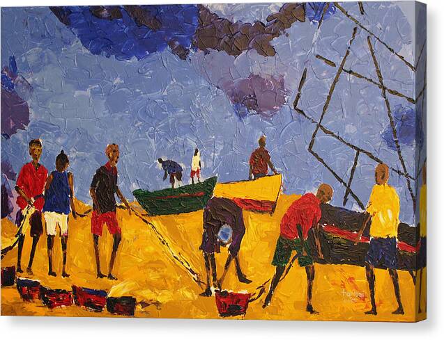 African Art Canvas Print featuring the painting Preparing For The Catch by Tarizai Munsvhenga