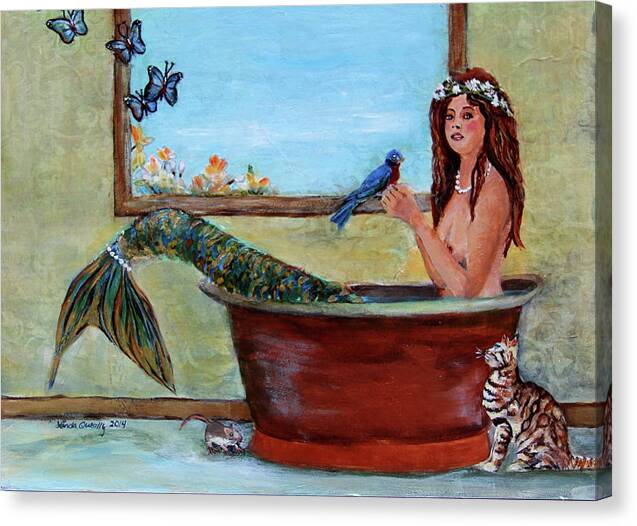 Mermaid Canvas Print featuring the painting Mermaid in Bathtub Spring Mermaid Painting by Linda Queally by Linda Queally
