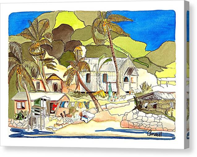 Fiji - South Pacific Tropical Islands Canvas Print featuring the painting Fishing Village - Fiji by Joan Cordell