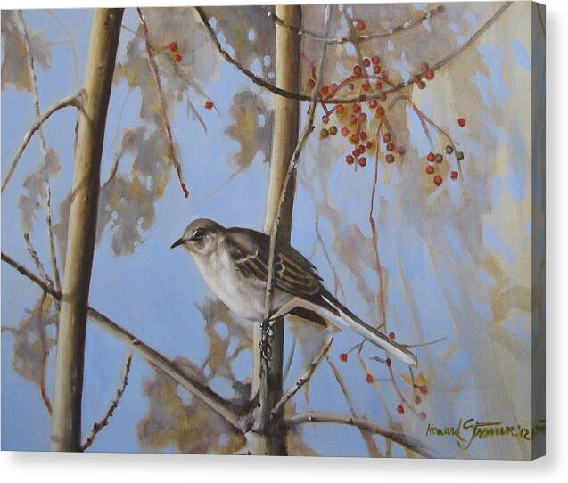 Bird;nature;outdoor;landscape;trees;sky; Canvas Print featuring the painting Cold Day by Howard Stroman