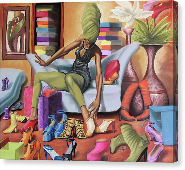 Black Canvas Print featuring the painting Shoe Addict by Dion Pollard