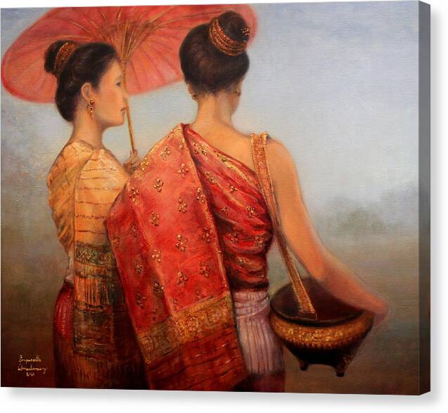 Laos Canvas Print featuring the painting Viengchan and Luang Prabang by Sompaseuth Chounlamany