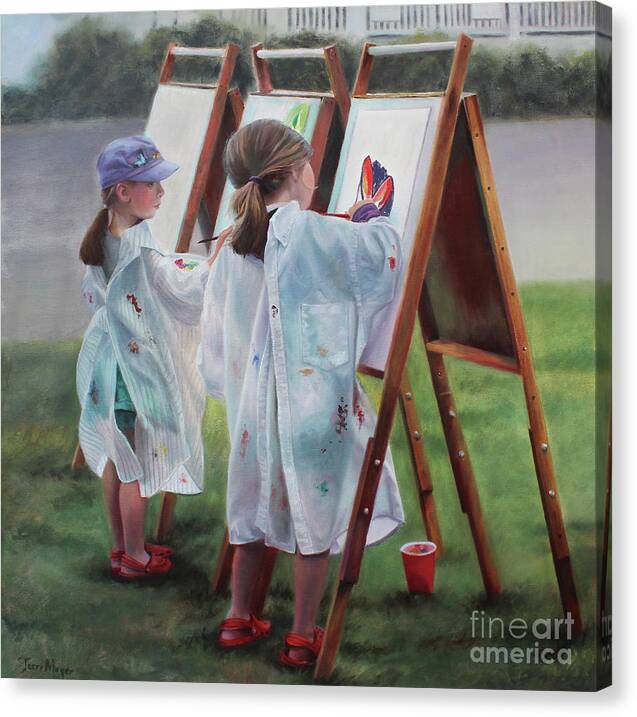 Painting Of Two Girls Creating Artwork Canvas Print featuring the painting Join Us at Our Happy Place by Terri Meyer