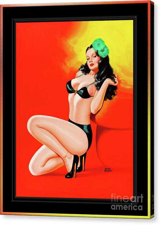 Too Hot To Touch Canvas Print featuring the painting Too Hot To Touch by Peter Driben Vintage Pin-Up Girl Art by Rolando Burbon