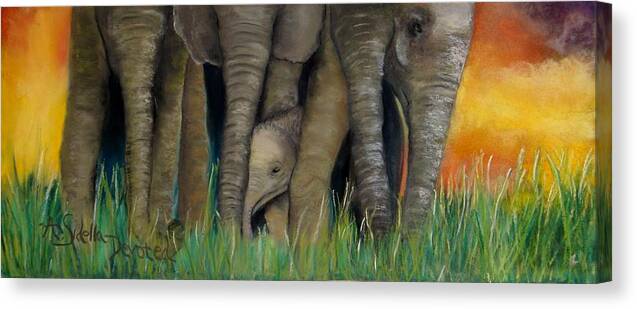 Elephants Canvas Print featuring the painting Devoted #1 by Annamarie Sidella-Felts