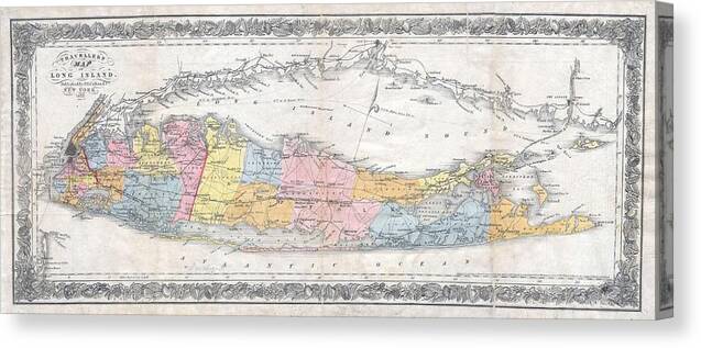 Canvas Print featuring the photograph 1857 Colton Travellers Map of Long Island New York by Paul Fearn