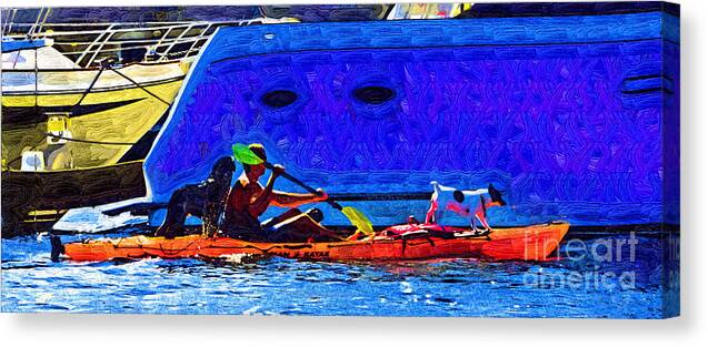 Kayak Canvas Print featuring the painting A Man His Kayak and His Dogs by Kirt Tisdale