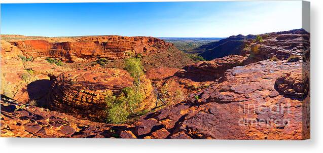Kings Canyon Outback Water Hole Central Australia Northern Territory Australian Landscape Landscapes Rocky Outcrop Ghost Gums Trees Cliff Face Canvas Print featuring the photograph Kings Canyon by Bill Robinson