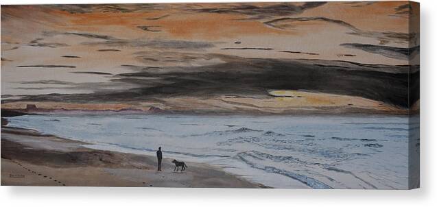 Beach Canvas Print featuring the painting Man and Dog on the Beach by Ian Donley