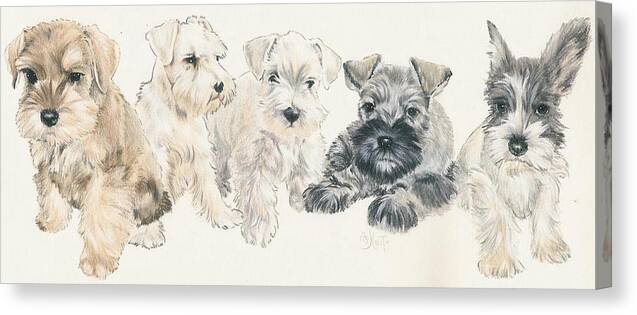 Dog Canvas Print featuring the mixed media Miniature Schnauzer Puppies by Barbara Keith
