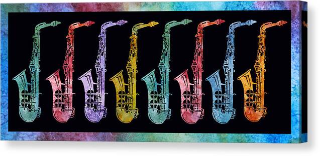Sax Canvas Print featuring the digital art Rainbow Saxophones by Jenny Armitage