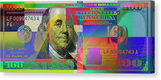'paper Currency' Collection By Serge Averbukh Canvas Print featuring the digital art 2009 Series Pop Art Colorized U. S. One Hundred Dollar Bill No. 1 by Serge Averbukh