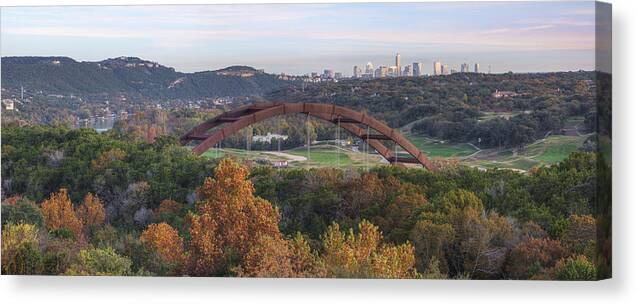 360 Bridge Canvas Print featuring the photograph 360 Bridge Fall Colors Panorama in Austin Texas 2 by Rob Greebon