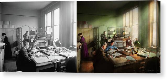 Accounting Canvas Print featuring the photograph Accountant - The- Bookkeeping dept 1902 - Side by Side by Mike Savad