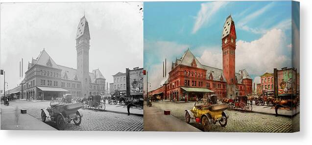 South Plymouth Canvas Print featuring the photograph City - Chicago Ill - Dearborn Station 1910 - Side by Side by Mike Savad