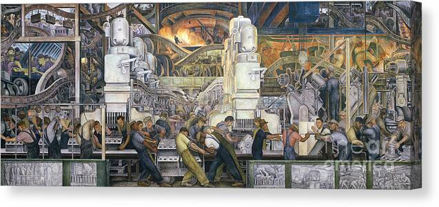 Machinery; Factory; Production Line; Labour; Worker; Male; Industrial Age; Technology; Automobile; Interior; Manufacturing; Work; Detroit Industry Canvas Print featuring the painting Detroit Industry  North Wall by Diego Rivera