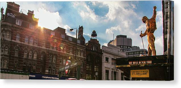Freddie Mercury Queen We Will Rock You England London Tottenham Court Road Oxford Street Uk Britain Sunset Gold Canvas Print featuring the photograph Freddie Still Sings by Ross Henton