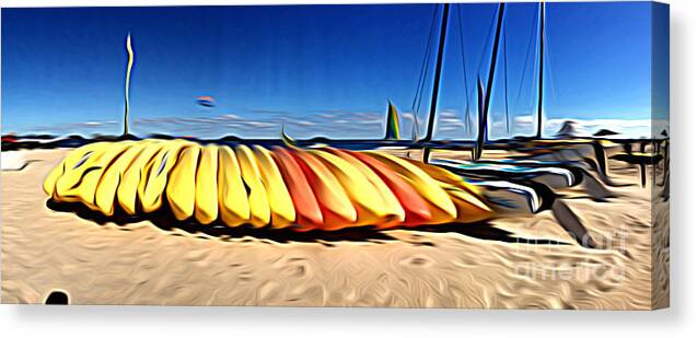 Kayak Canvas Print featuring the digital art Kayaks on the Beach Panoramic by Jason Freedman