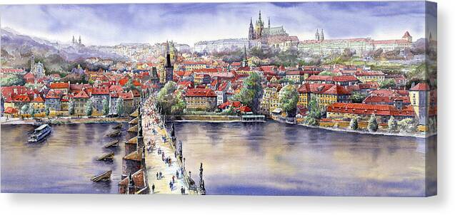 Watercolour Canvas Print featuring the painting Panorama with Vltava river Charles Bridge and Prague Castle St Vit by Yuriy Shevchuk